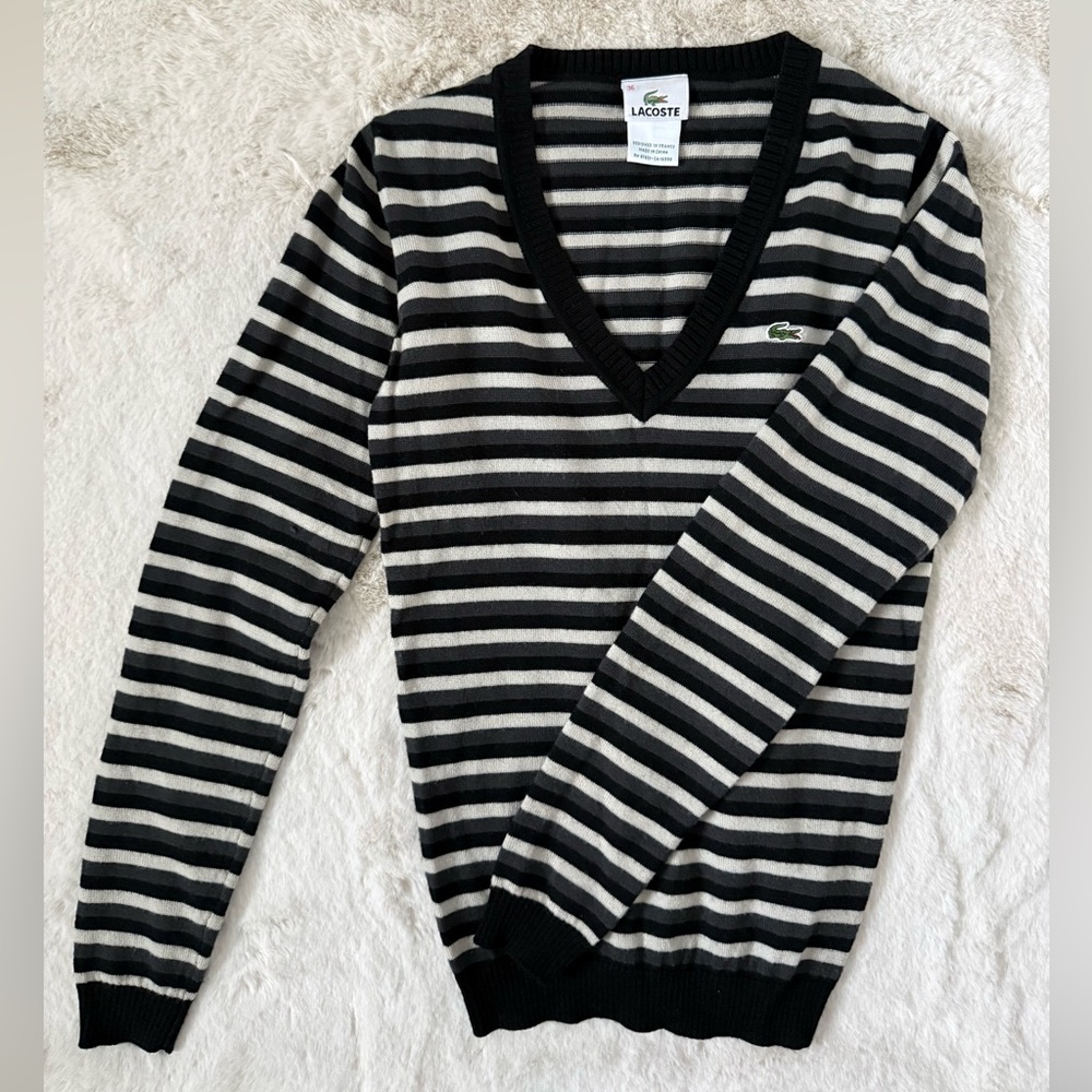 Lacoste Women’s Black and Gray Striped Sweater